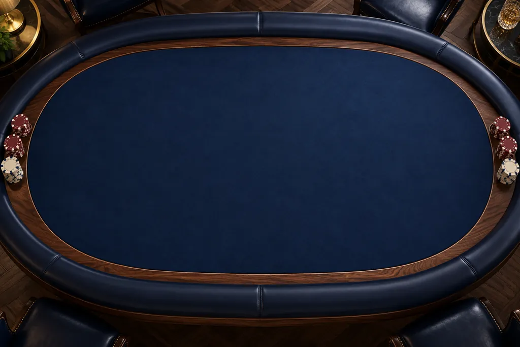 Tomt ovalt pokerbord med midnattsblå filt och valnötskant, bakgrund till övningsbordet för Texas Hold’em