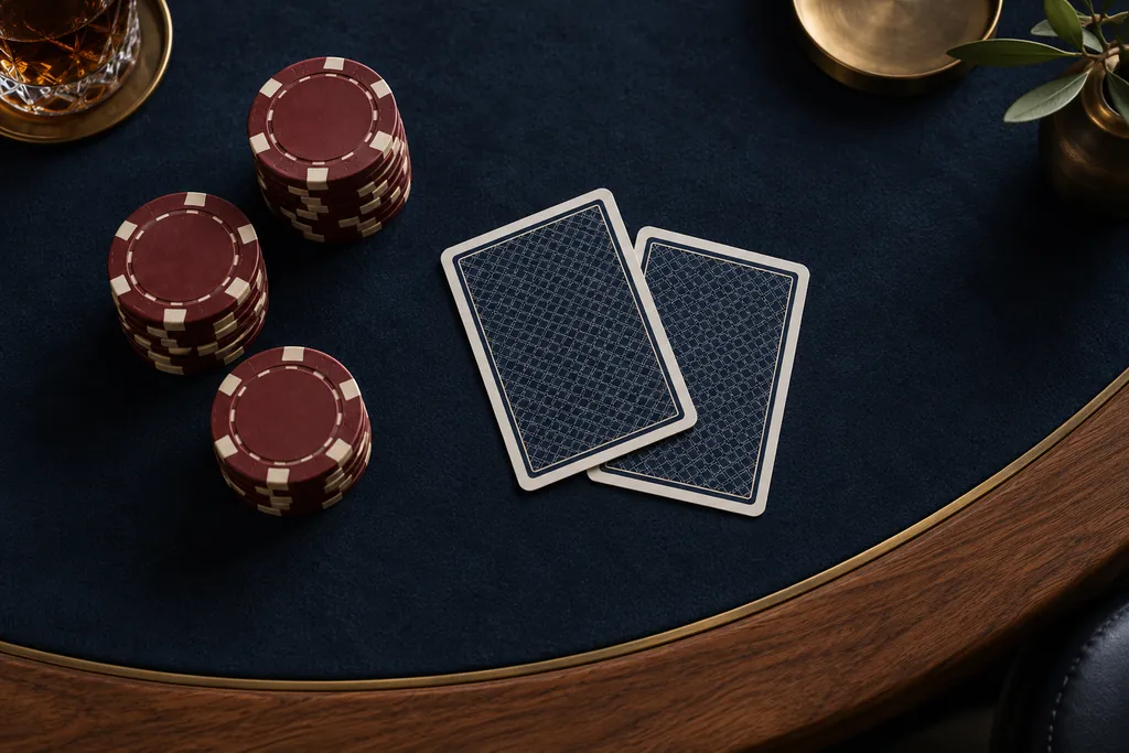 Två nedvända spelkort och tre staplar med vinröda pokermarker på mörkblå filt, motiv för pokerhänderna i Texas Hold’em