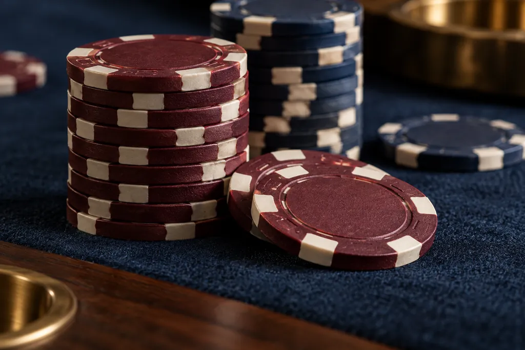Närbild på vinröda pokermarker med elfenbensfärgade kanter, av det slag som används som övningsmarker i Texas Hold’em