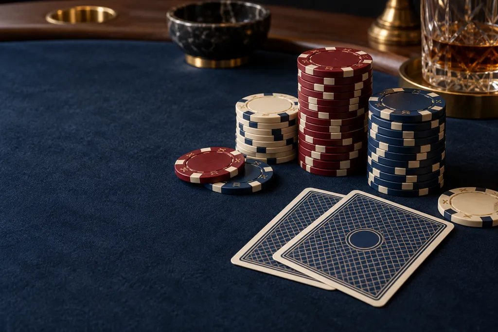 Pokerbord för Texas Hold’em med stackar av marker i vinrött, elfenben och marinblått bredvid två nedvända spelkort